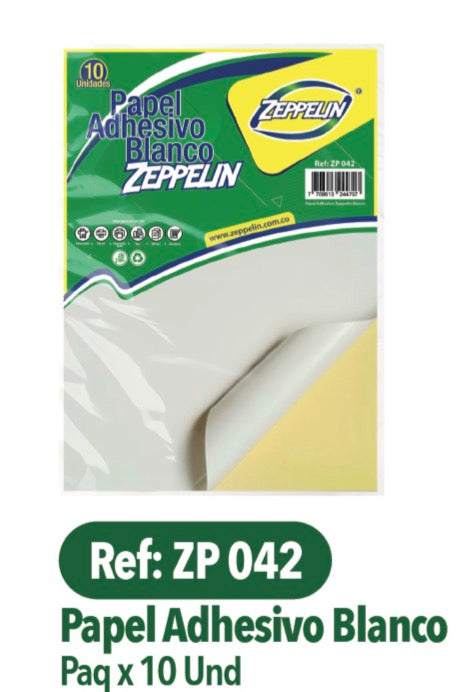 PAPEL ADHESIVO, CARTA X 10 BLANCO ZEPPELIN